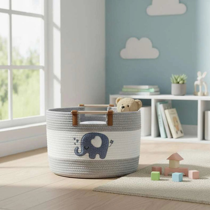 Jumbo Rope Storage Basket With Wooden Handle 40X40X26Cm-Blue/Grey