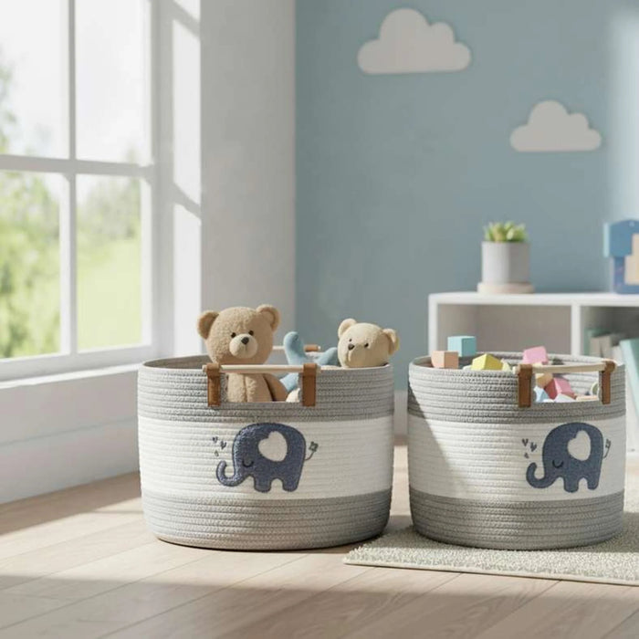 Jumbo Rope Storage Basket With Wooden Handle 40X40X26Cm-Blue/Grey