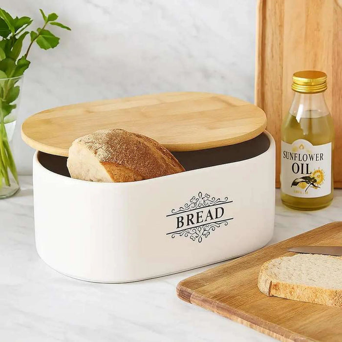 Kevi Bread Bin With Wooden Lid 29.5X19X12.5Cm - White Pan Home