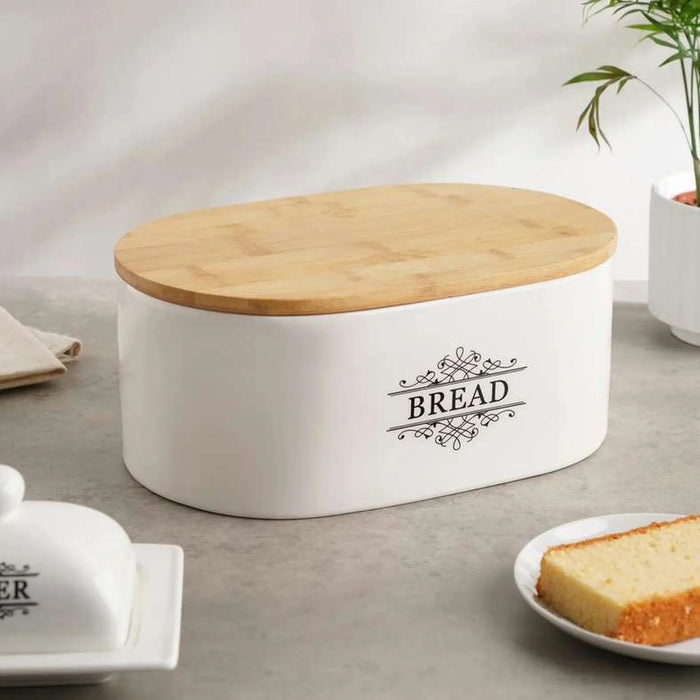 Kevi Bread Bin With Wooden Lid 29.5X19X12.5Cm - White Pan Home