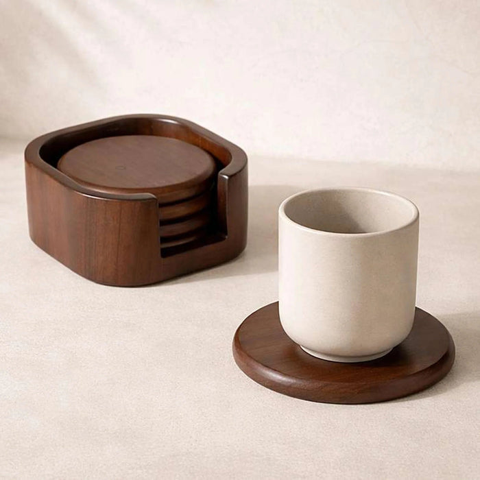 Kiara Acacia 4-Piece Coaster With Caddy Dia12.7X5.72Cm -Walnut Pan Home