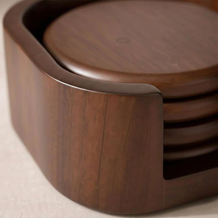 Kiara Acacia 4-Piece Coaster With Caddy Dia12.7X5.72Cm -Walnut Pan Home