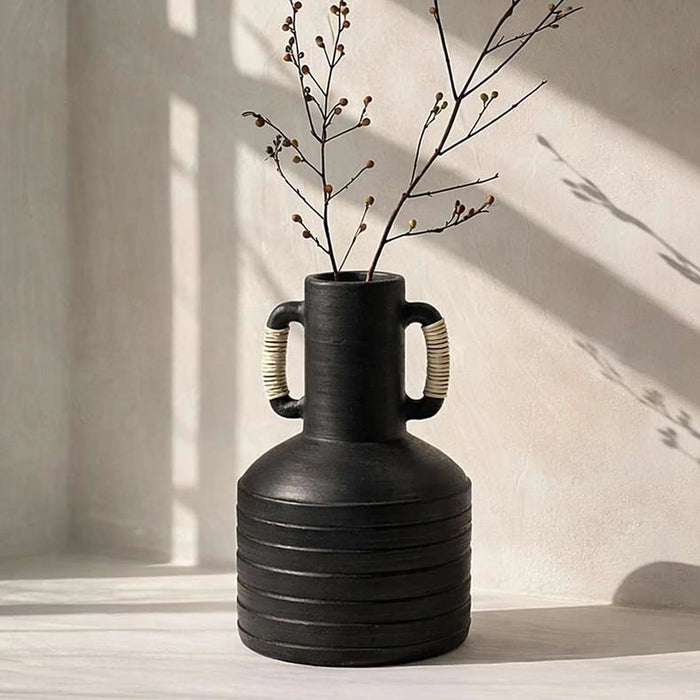 Kilwa Terracotta Rattan Handle Decor Vase  22.86X22.86X45.08Cm - Black
