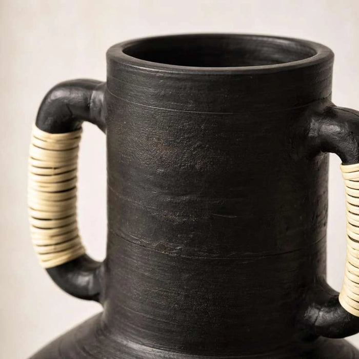 Kilwa Terracotta Rattan Handle Decor Vase  22.86X22.86X45.08Cm - Black