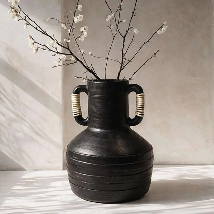 Kilwa Terracotta Rattan Handle Decor Vase  25.4X25.4X36.83Cm - Black