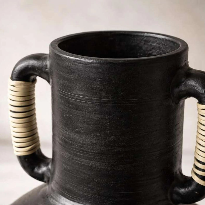 Kilwa Terracotta Rattan Handle Decor Vase  25.4X25.4X36.83Cm - Black