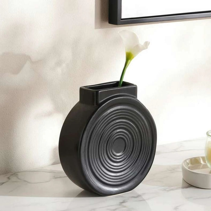 Koa Ceramic Concentric Circle Vase 17X6X18Cm - Black