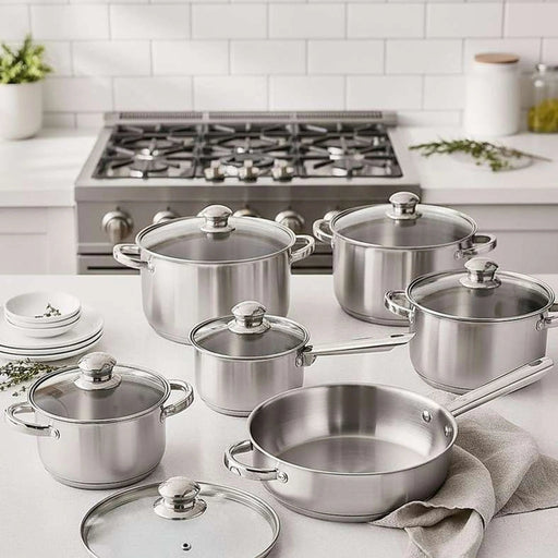 Lanzo 12-Piece Stainless Steel Cookware Set -Chrome Pan Home