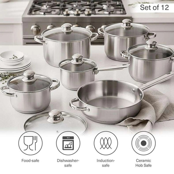 Lanzo 12-Piece Stainless Steel Cookware Set -Chrome Pan Home