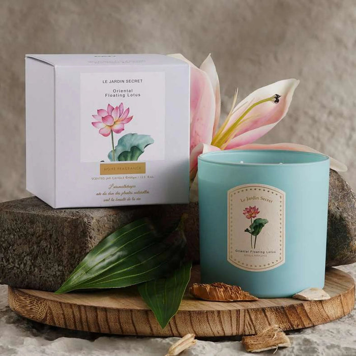 Le Jardin Secret Oriental Floating Lotus Scented Jar Candle 400Gm - Blue - 45Hrs