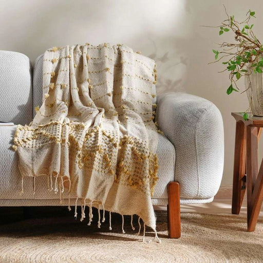 Leah Stripe Woven Throw With Fringes-130X170- Ochre Pan Home