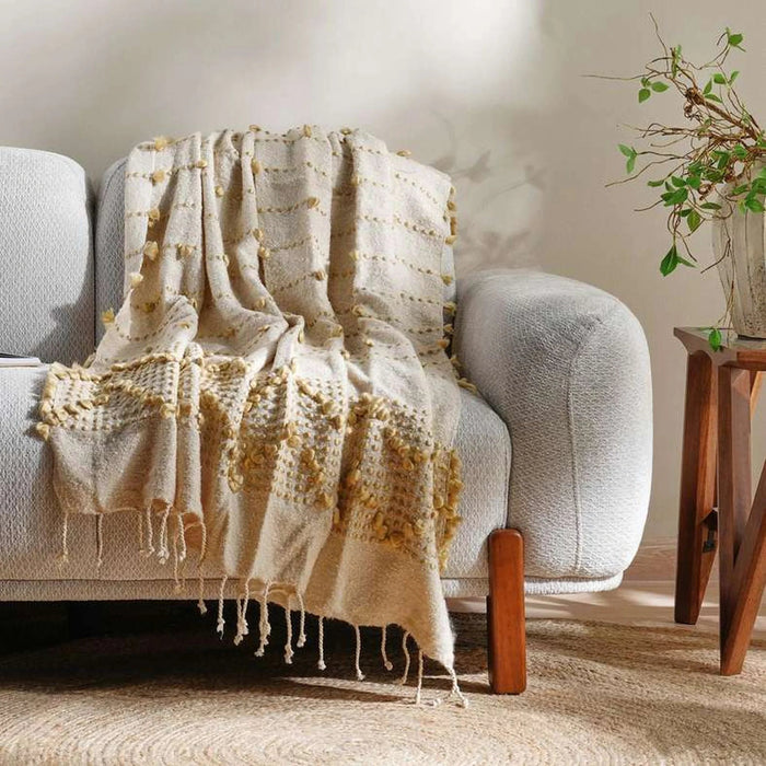 Leah Stripe Woven Throw With Fringes-130X170- Ochre Pan Home