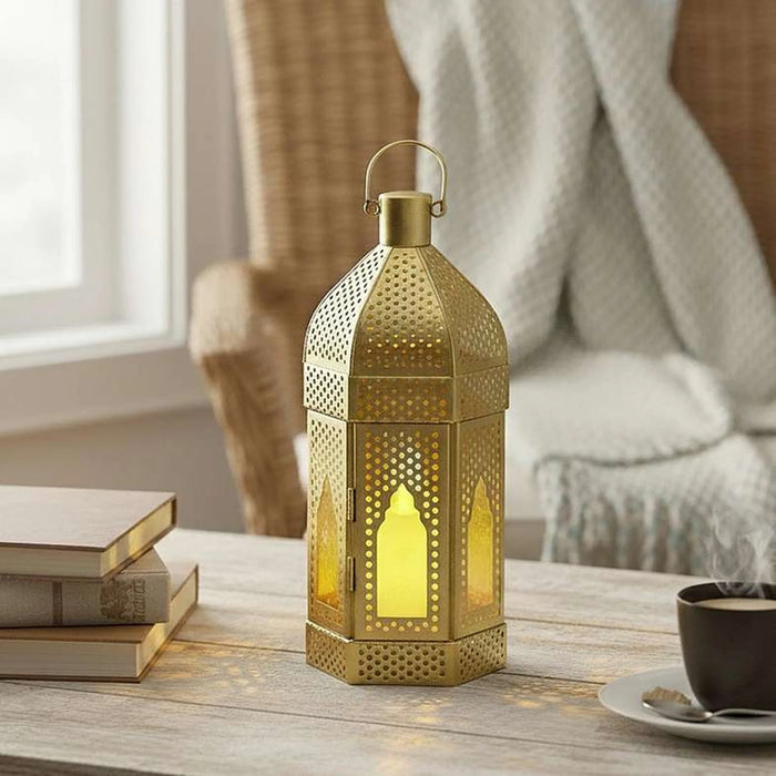 Leda Metal Lantern With Yellow Glass 9X7.5X20Cm - Gold
