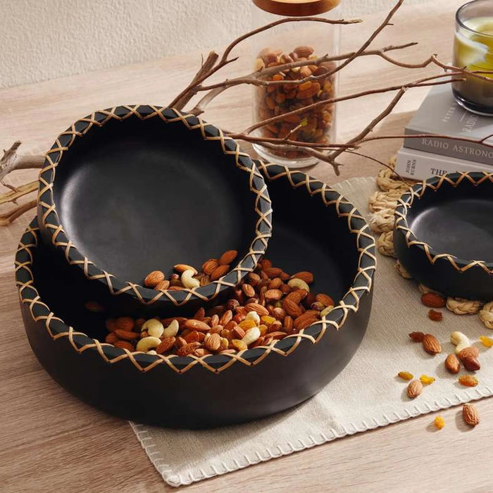 Legna Wooden Serving Bowl With Ratan Dia15X4Cm - Black