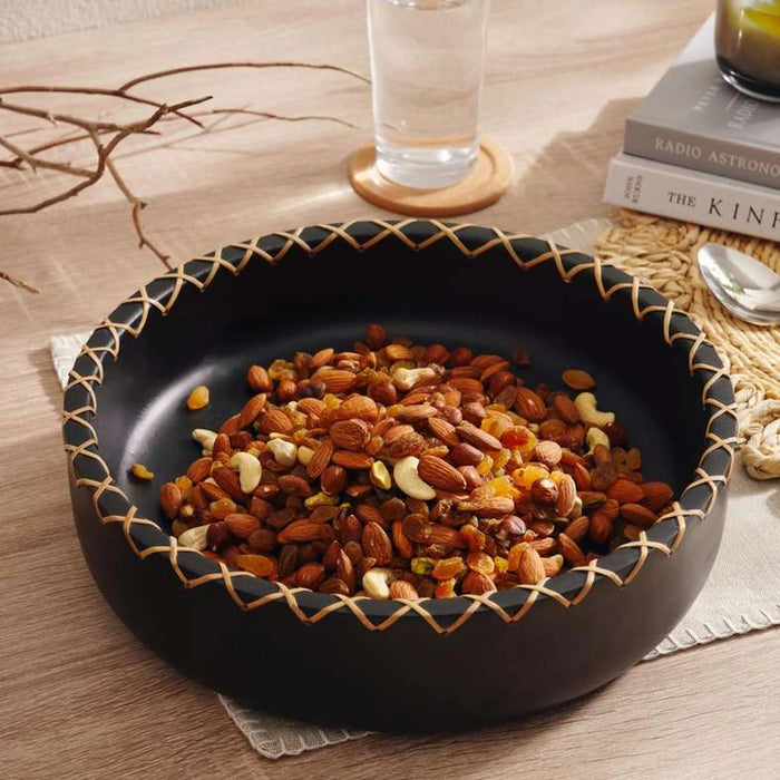 Legna Wooden Serving Bowl With Ratan Dia30X8Cm - Black