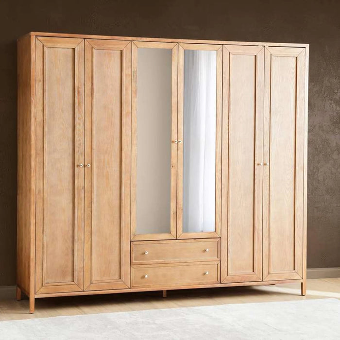 Leopold 6 Doors Wardrobe With Mirror - Natural