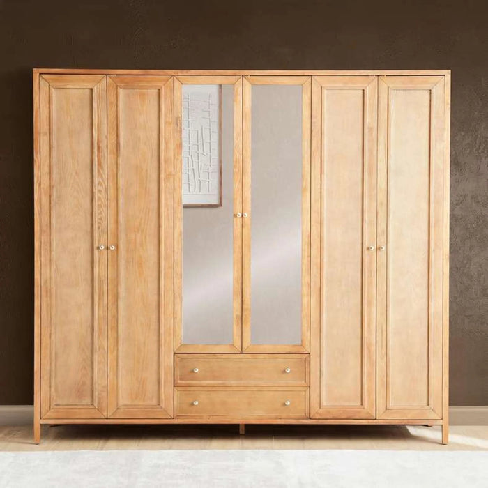 Leopold 6 Doors Wardrobe With Mirror - Natural