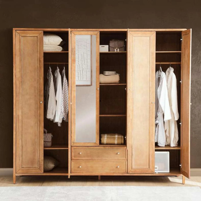 Leopold 6 Doors Wardrobe With Mirror - Natural