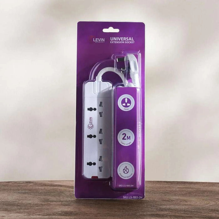 Levin 3-Way Universal Extension Socket With 2M Cable 10X5X3Cm - White