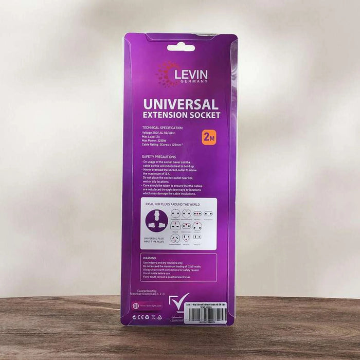 Levin 3-Way Universal Extension Socket With 2M Cable 10X5X3Cm - White