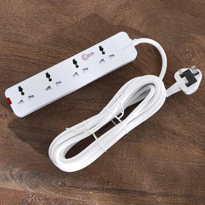 Levin 4-Way Universal Extension Socket With 4M Cable 12X5X3Cm - White
