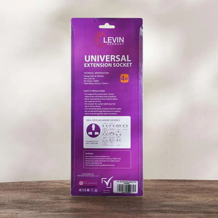 Levin 4-Way Universal Extension Socket With 4M Cable 12X5X3Cm - White