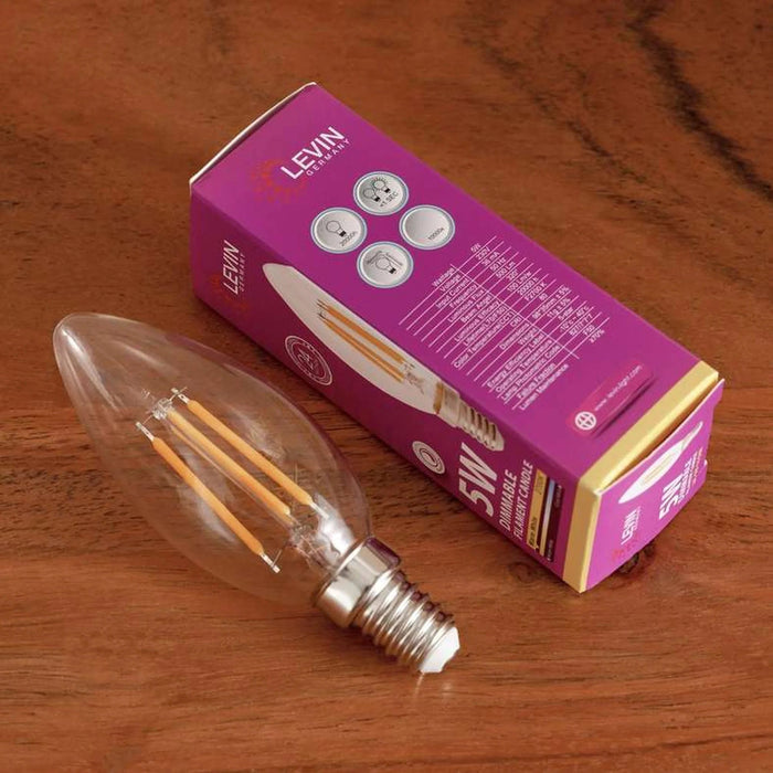 Levin Led C37 Filament Candle Bulb E14  5W 2700K Dimmable Warm Light - White Pan Home