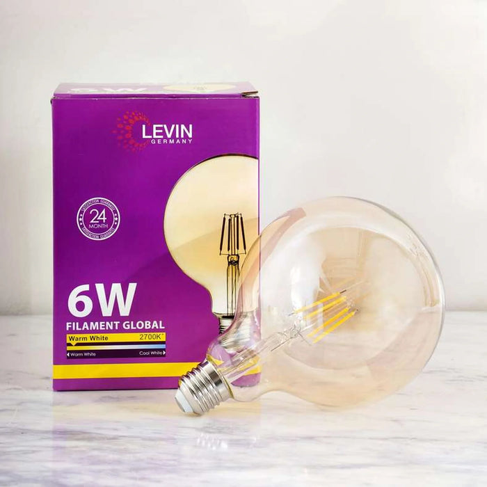 Levin Led Vintage Bulb G125 Globe Filament E27 6W 2700K Warm Light Amber Glass