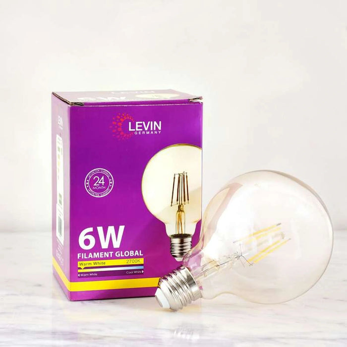 Levin Led Vintage Bulb G95 Globe Filament E27 6W 2700K Warm Light Amber Glass