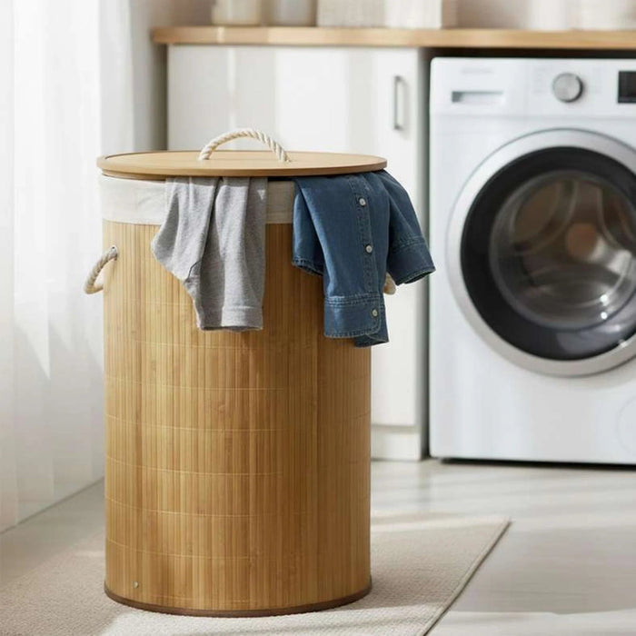 Libby Foldable Bamboo Round Laundry Hamper With Handle 73L 40X40X60Cm -Natural Pan Home