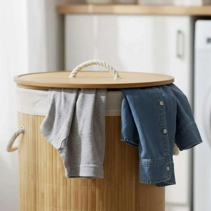Libby Foldable Bamboo Round Laundry Hamper With Handle 73L 40X40X60Cm -Natural Pan Home