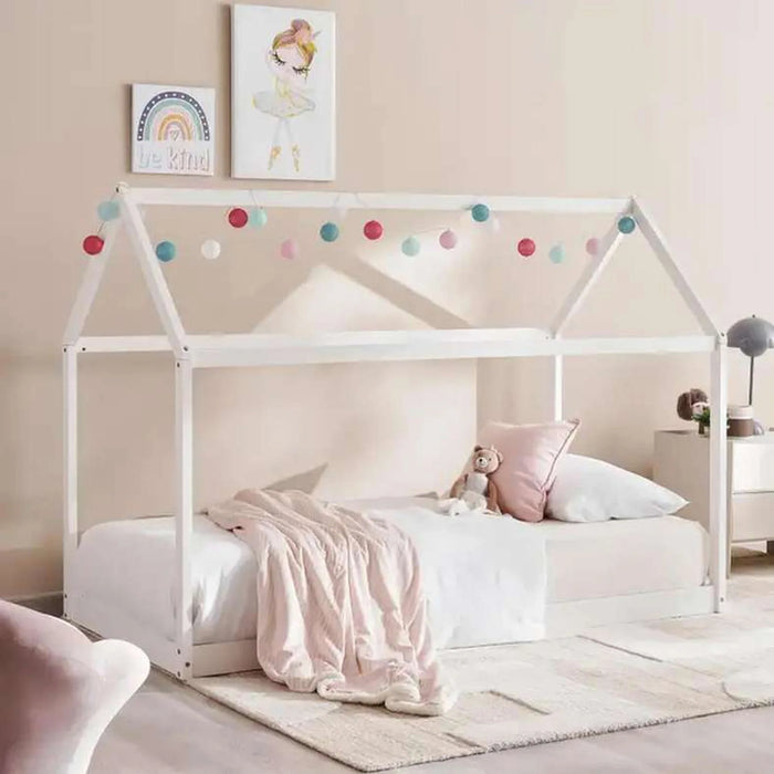 Linen Kids Single Bed 90X190 Cm - White ~ White