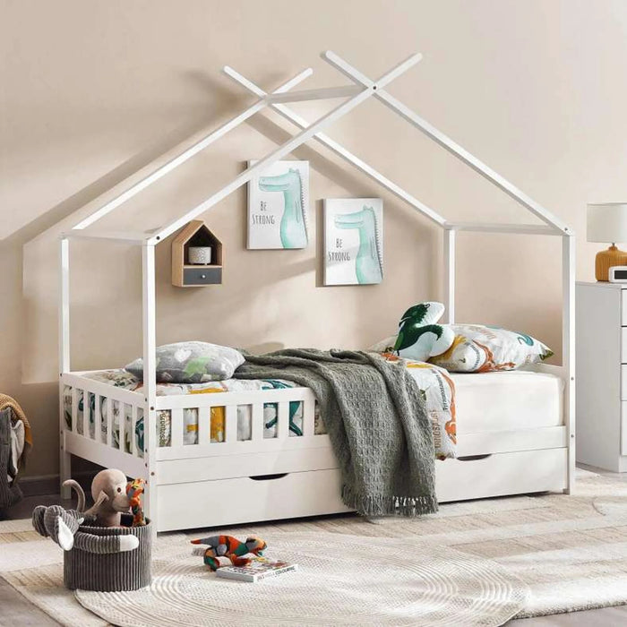 Linen Kids Single Bed With Drawer 90X190 Cm - White ~ White