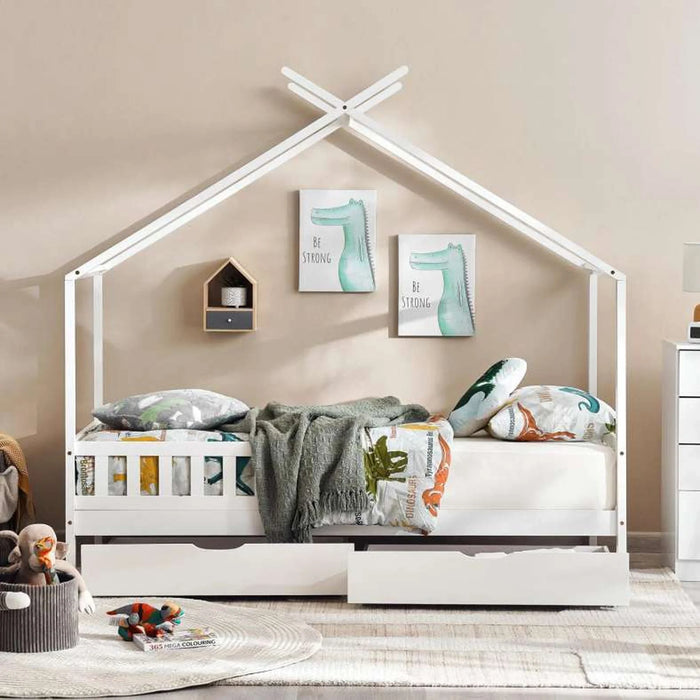 Linen Kids Single Bed With Drawer 90X190 Cm - White ~ White