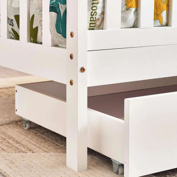 Linen Kids Single Bed With Drawer 90X190 Cm - White ~ White