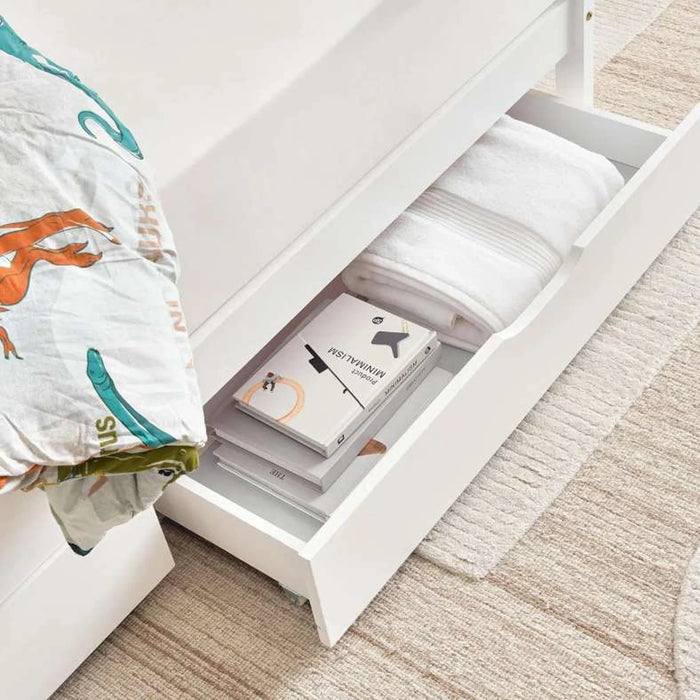 Linen Kids Single Bed With Drawer 90X190 Cm - White ~ White