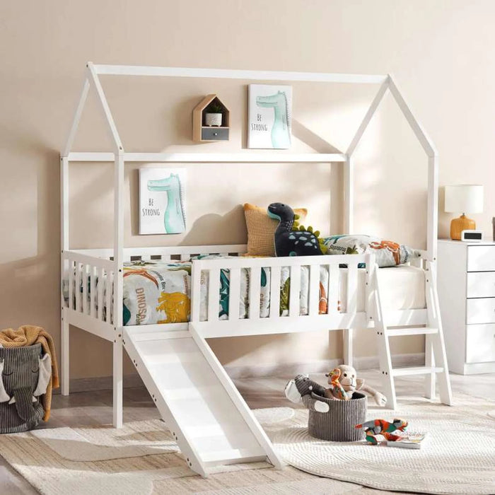 Linen Kids Single Bed Witj Slide 90X190 Cm - White ~ White