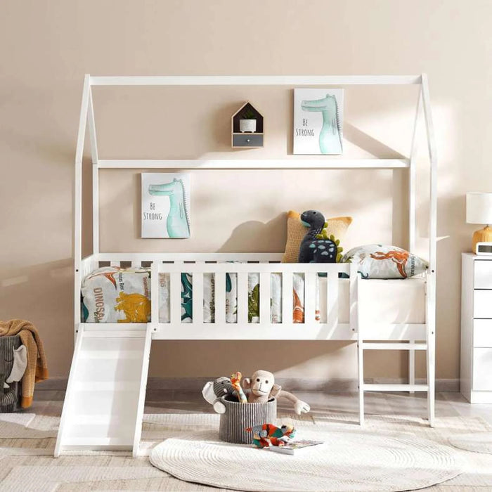 Linen Kids Single Bed Witj Slide 90X190 Cm - White ~ White