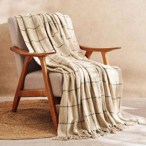 Linen Texture Plain Hand Woven Fringed Throw 125X150Cm - Olive Pan Home