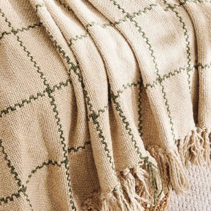 Linen Texture Plain Hand Woven Fringed Throw 125X150Cm - Olive Pan Home