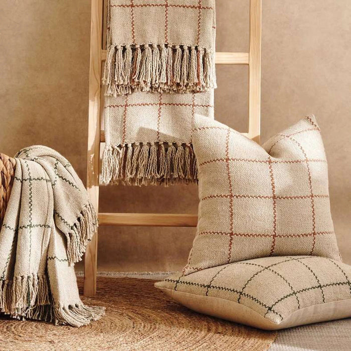 Linen Texture Plain Hand Woven Fringed Throw 125X150Cm - Olive Pan Home