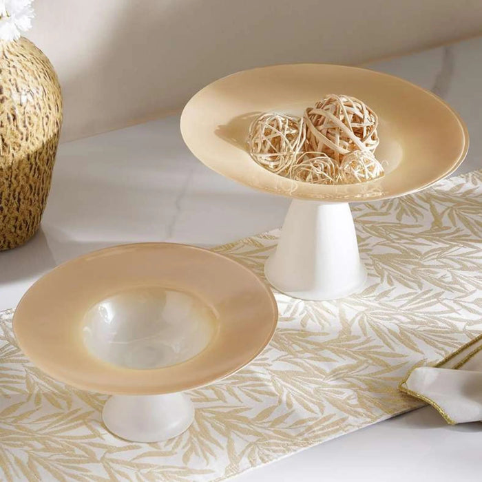Liya Glass Footed Bowl Dia24X13Cm -White & Beige Pan Home