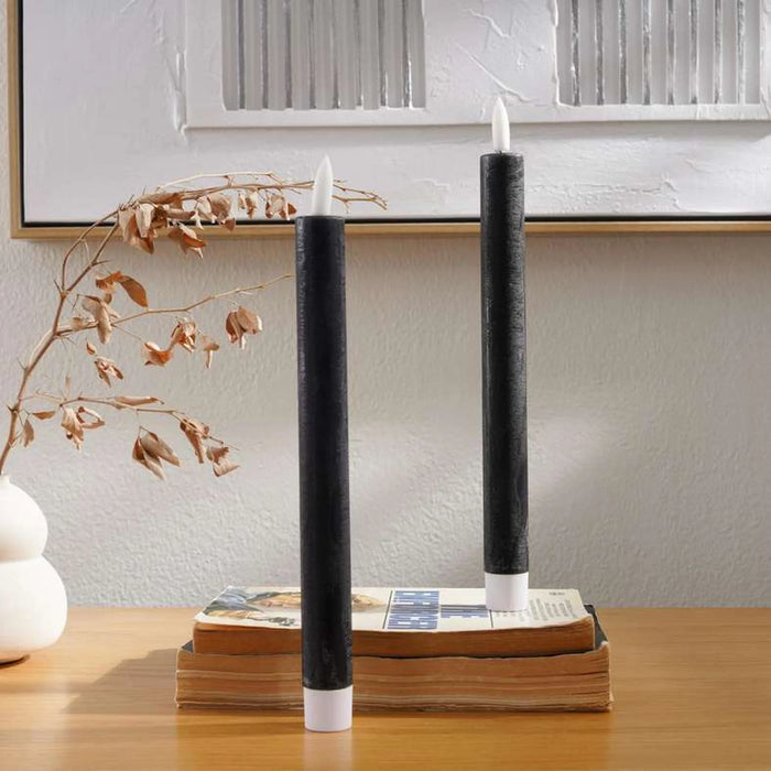 Majestic 2-Piece Led Wax Taper Candle With Rustic Surface Dia 2X22Cm - Matt Black