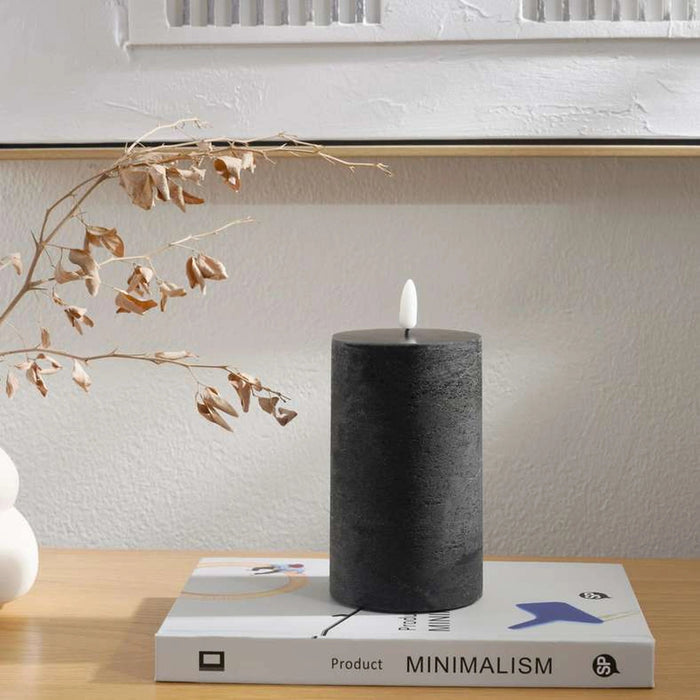Majestic Led Wax Pillar Candle With Rustic Surface 7.5X12.5cm - Matt Black Pan Home