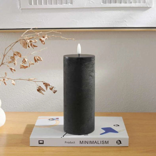 Majestic Led Wax Pillar Candle With Rustic Surface 7.5X17.5cm - Matt Black Pan Home