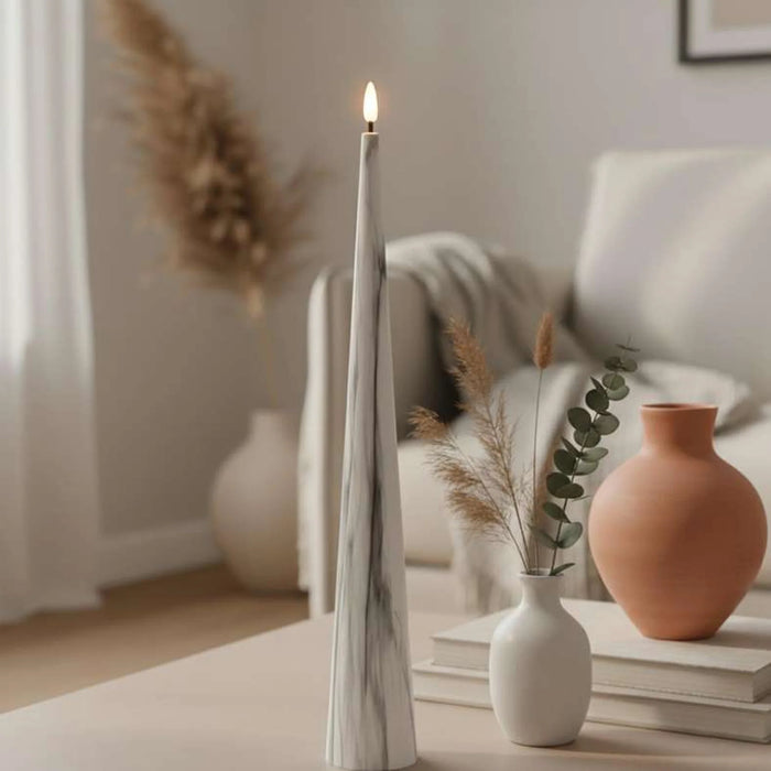 Marbella Led Marbled Conical Taper Candle Dia5.5X35Cm - White