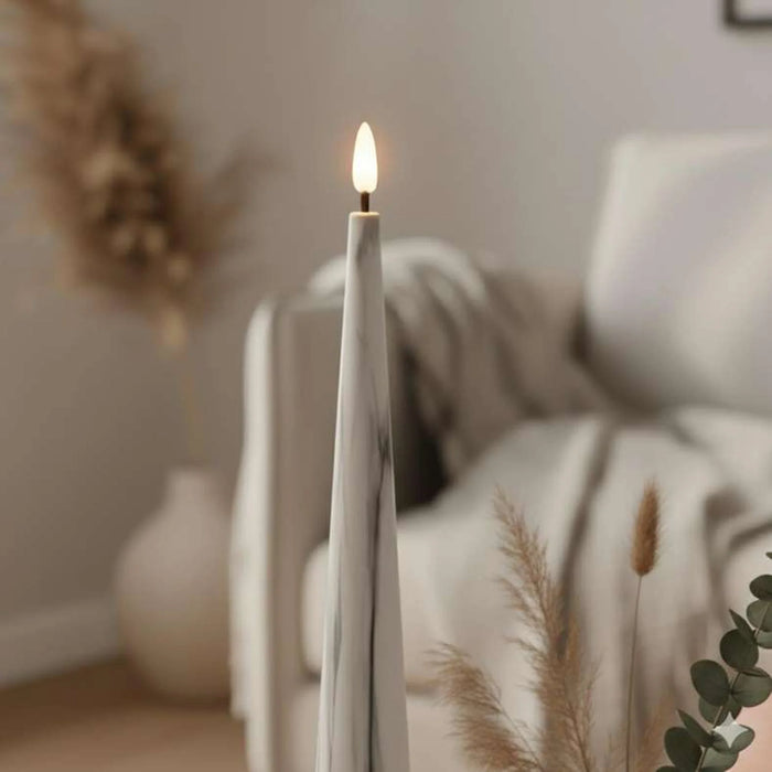 Marbella Led Marbled Conical Taper Candle Dia5.5X35Cm - White