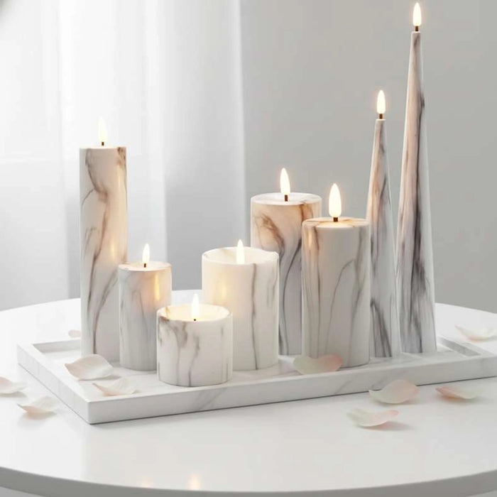 Marbella Led Marbled Conical Taper Candle Dia5.5X35Cm - White