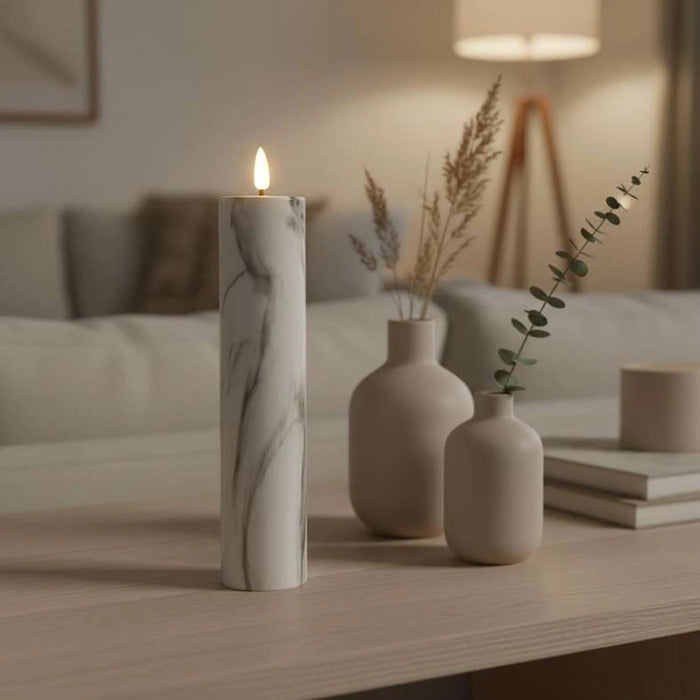 Marbella Led Marbled Pillar Candle Dia5X21Cm - White