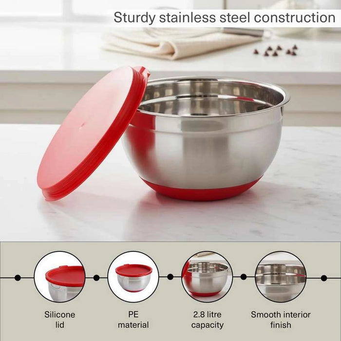 Martha Stainless Steel Mixing Bowl With Lid Dia22Cm -Chrome & Red Pan Home